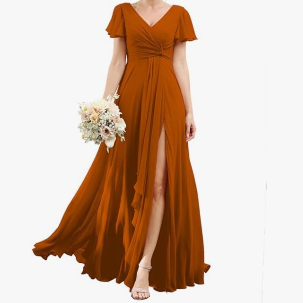 V Neck Formal Dress with Corset Back, Slit & Pockets